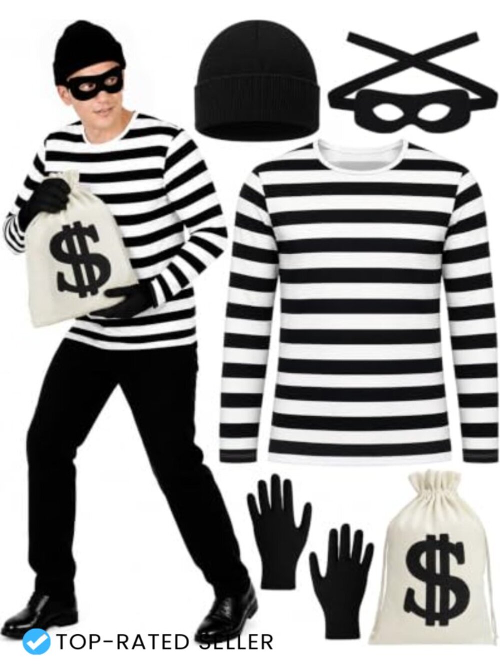 Men's 5 PC Robber Costume Set Long Sleeve Striped Shirt Beanie Gloves Mask